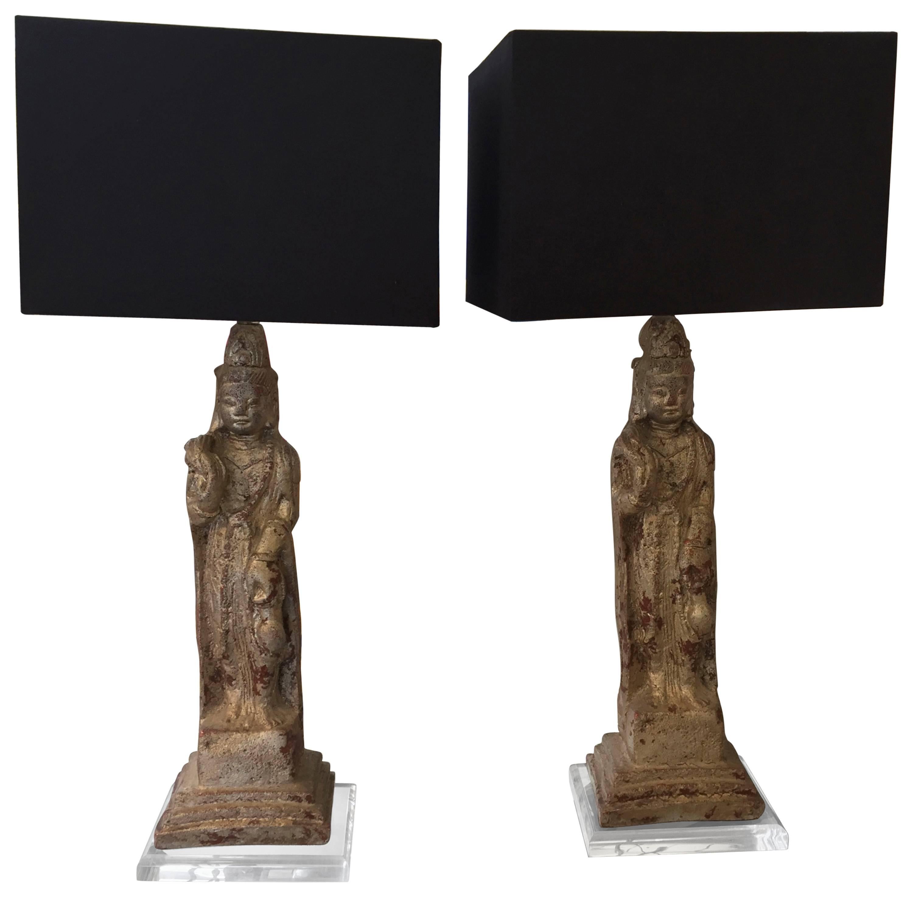 Patinated Plaster Asian Figures Made into Lamps on Lucite Stands