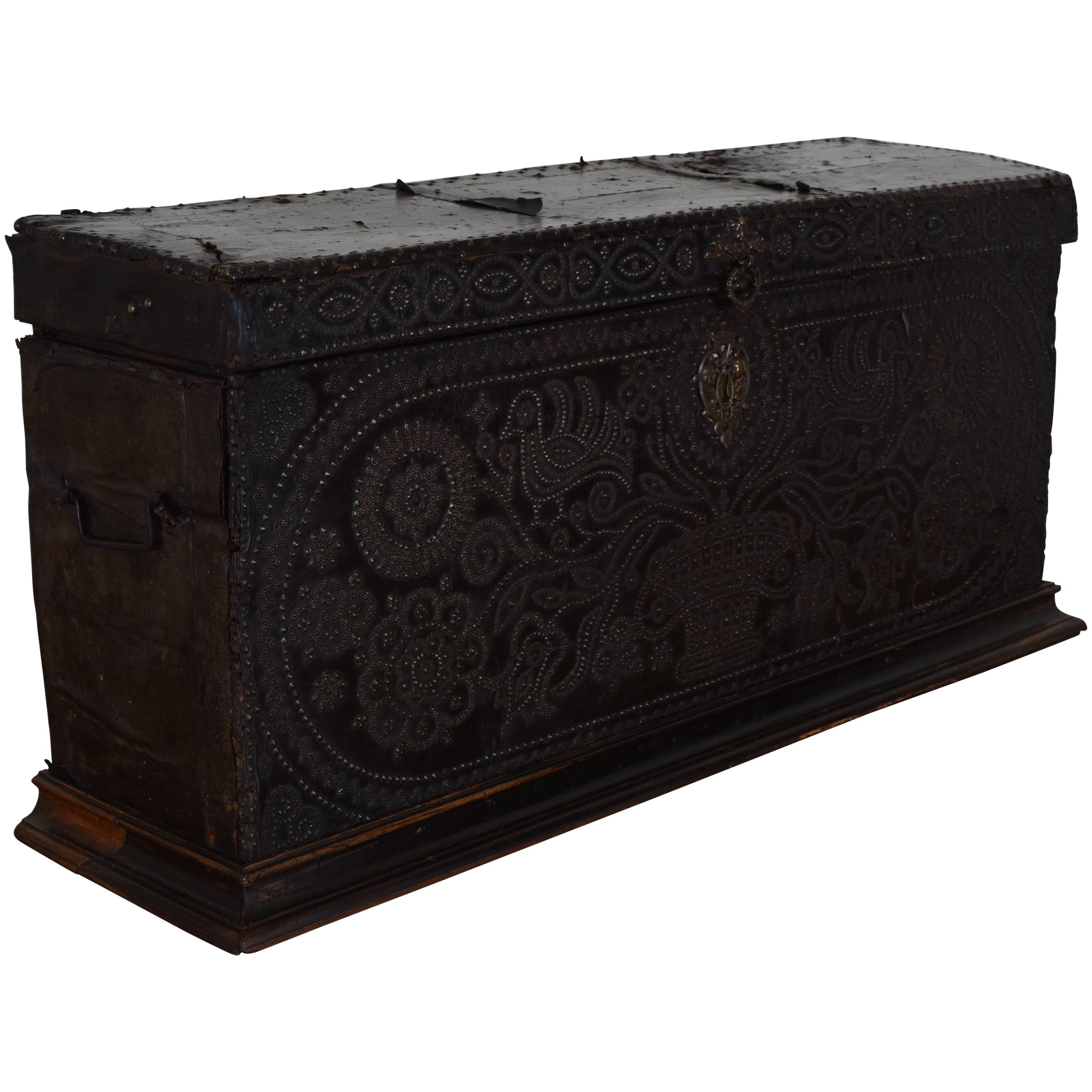 Italian Baroque Leather Covered and Brass Decorated Traveling Chest