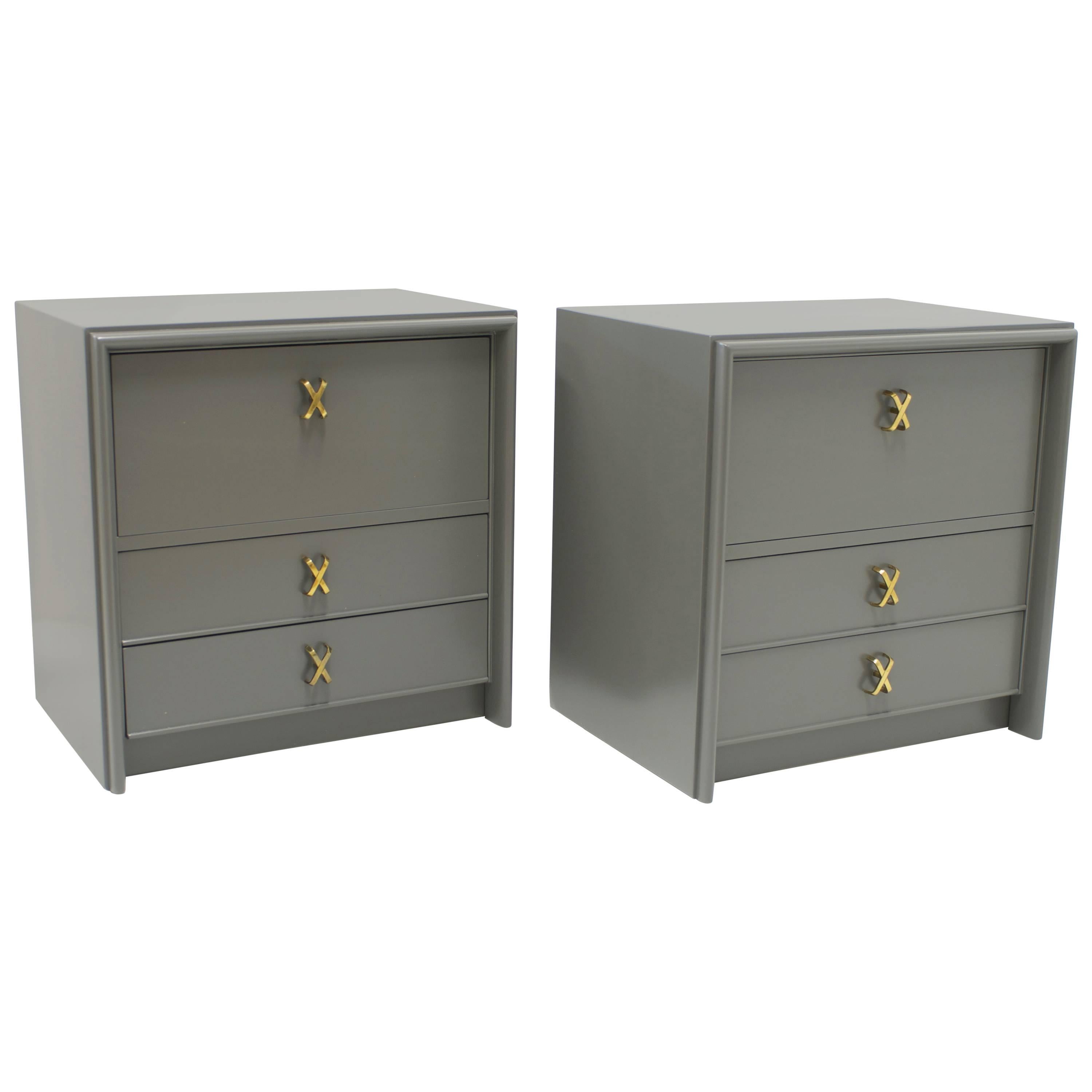 Pair of Grey Paul Frankl Nightstands with Brass X-Pulls