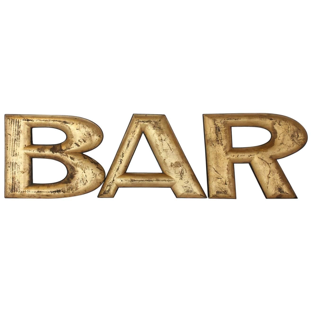 1900s Gold Leaf Wood "BAR" Sign