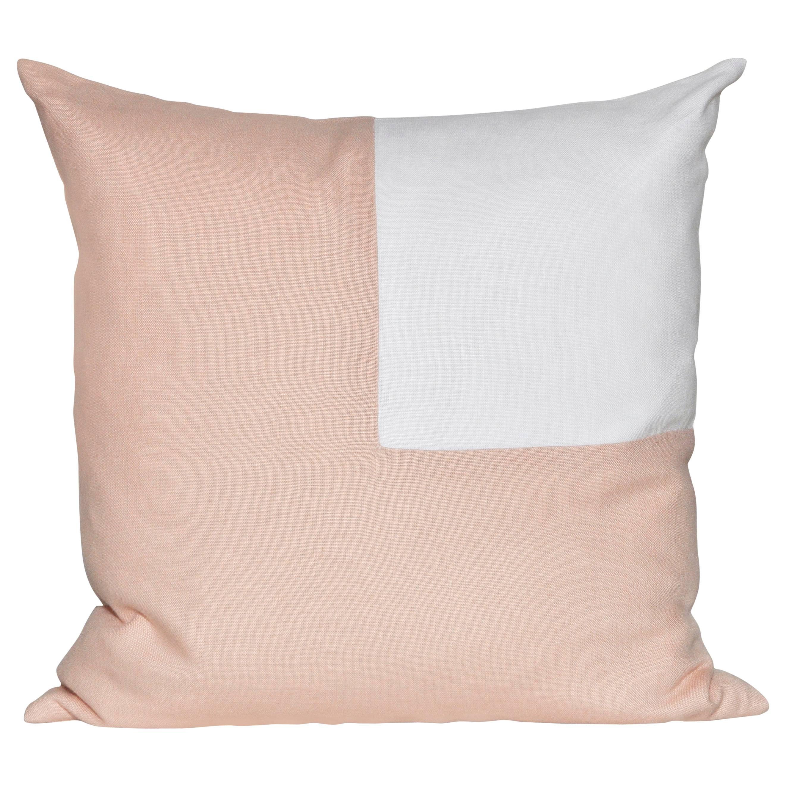 Large, Pink Peach and White Irish Linen Patchwork Cushion Geometric Pillow For Sale