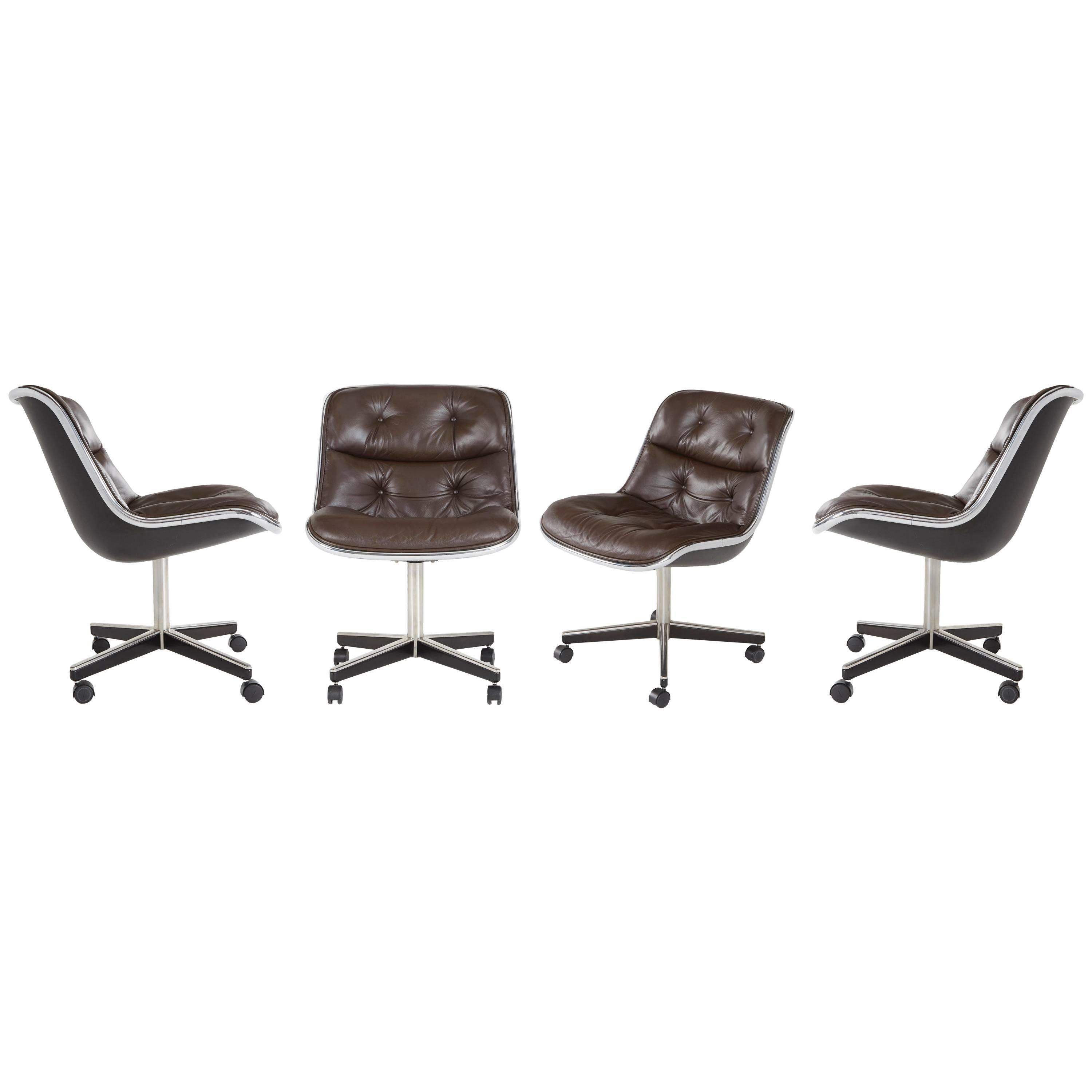 CEO's, graphic designers and architects alike will love these early production examples of the executive chair by Charles Pollock. Manufactured in 1974 by Knoll International, this set of four (4) chairs are on casters and are extremely comfortable