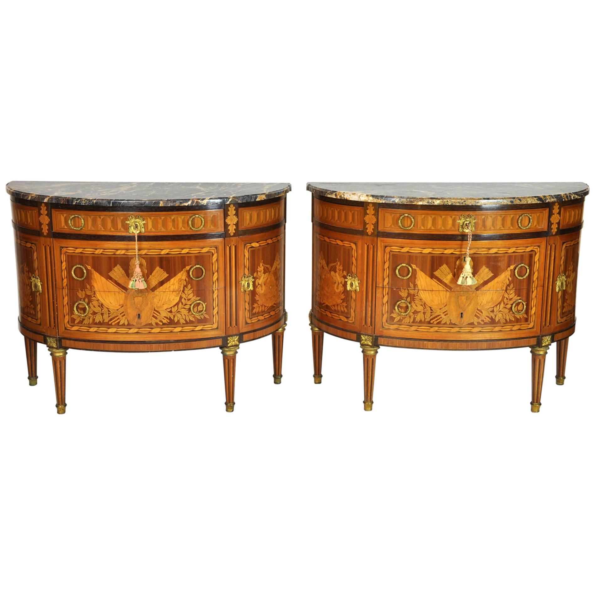 Pair of Portuguese Marble-Top Louis XVI Style Demilune Cabinets