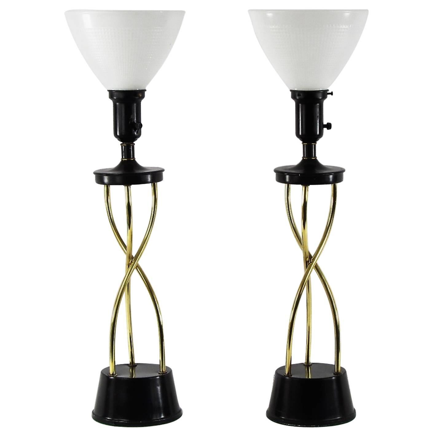 Pair of 1950s Twisted Brass Table Lamps For Sale