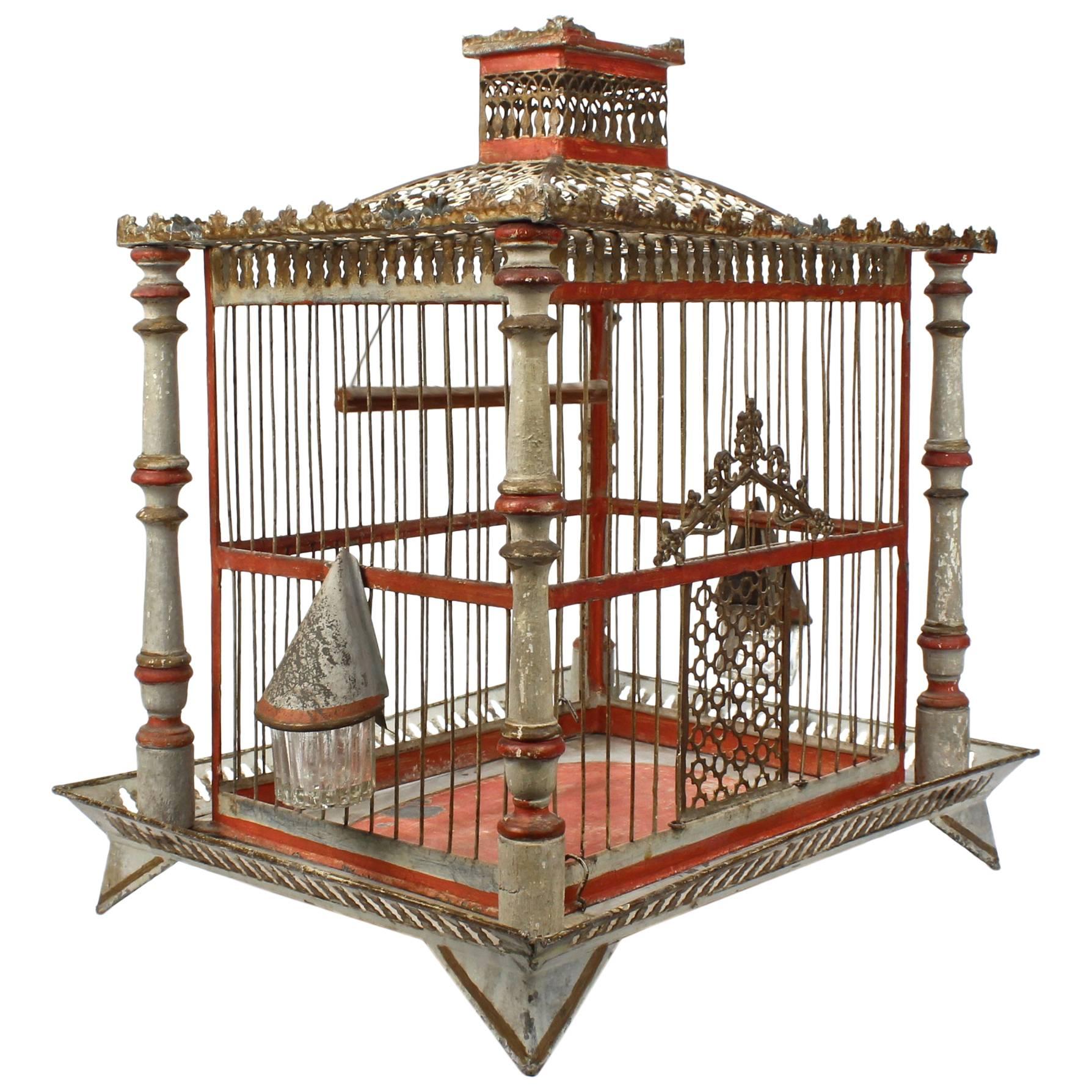 19th Century Painted Tole and Wood Bird Cage with Old Paint