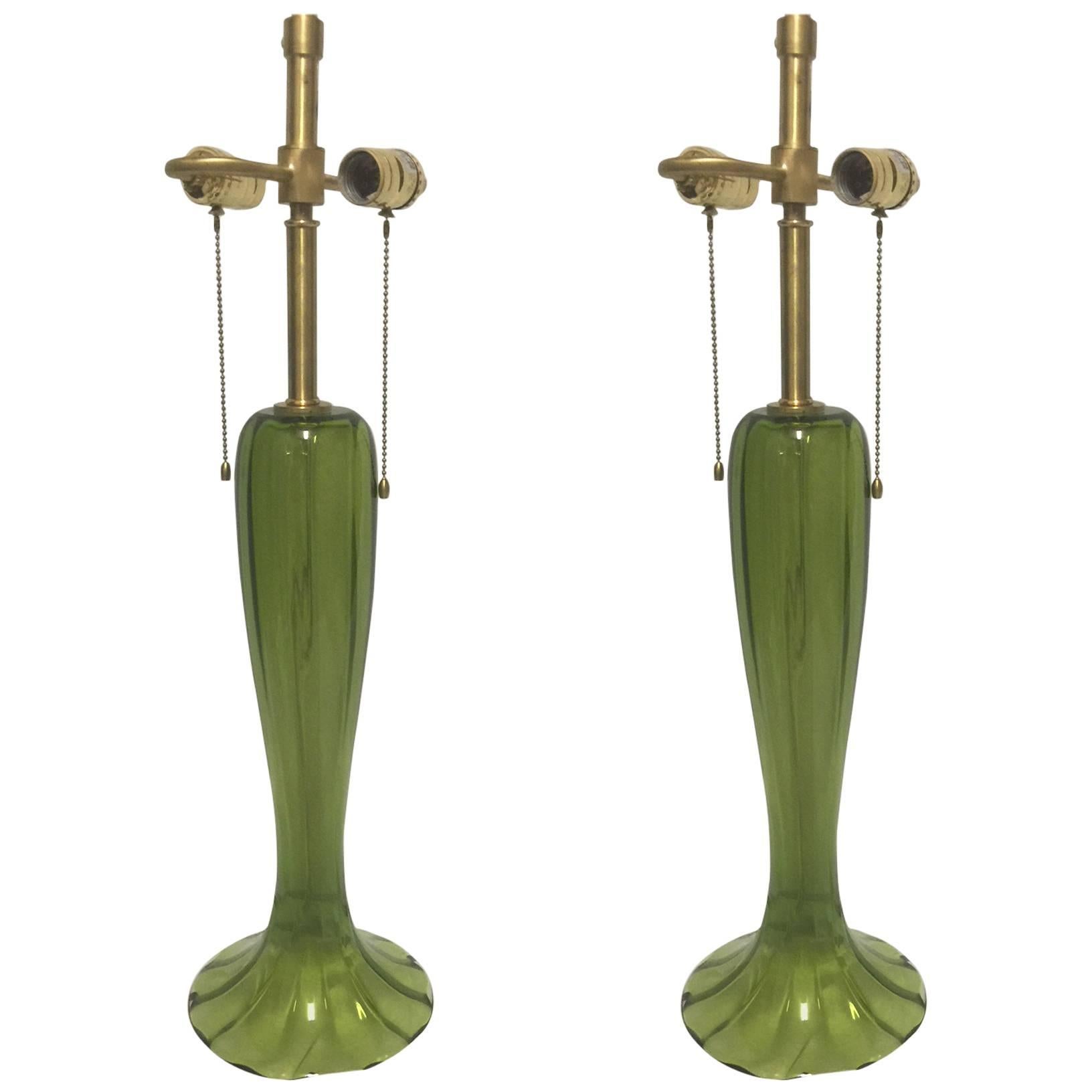Gorgeous Pair of Candy Apple Green Murano Art Glass Trumpet Lamps