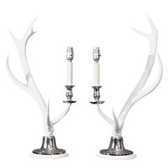 Pair of White Washed Natural Antler Table Lamps 10