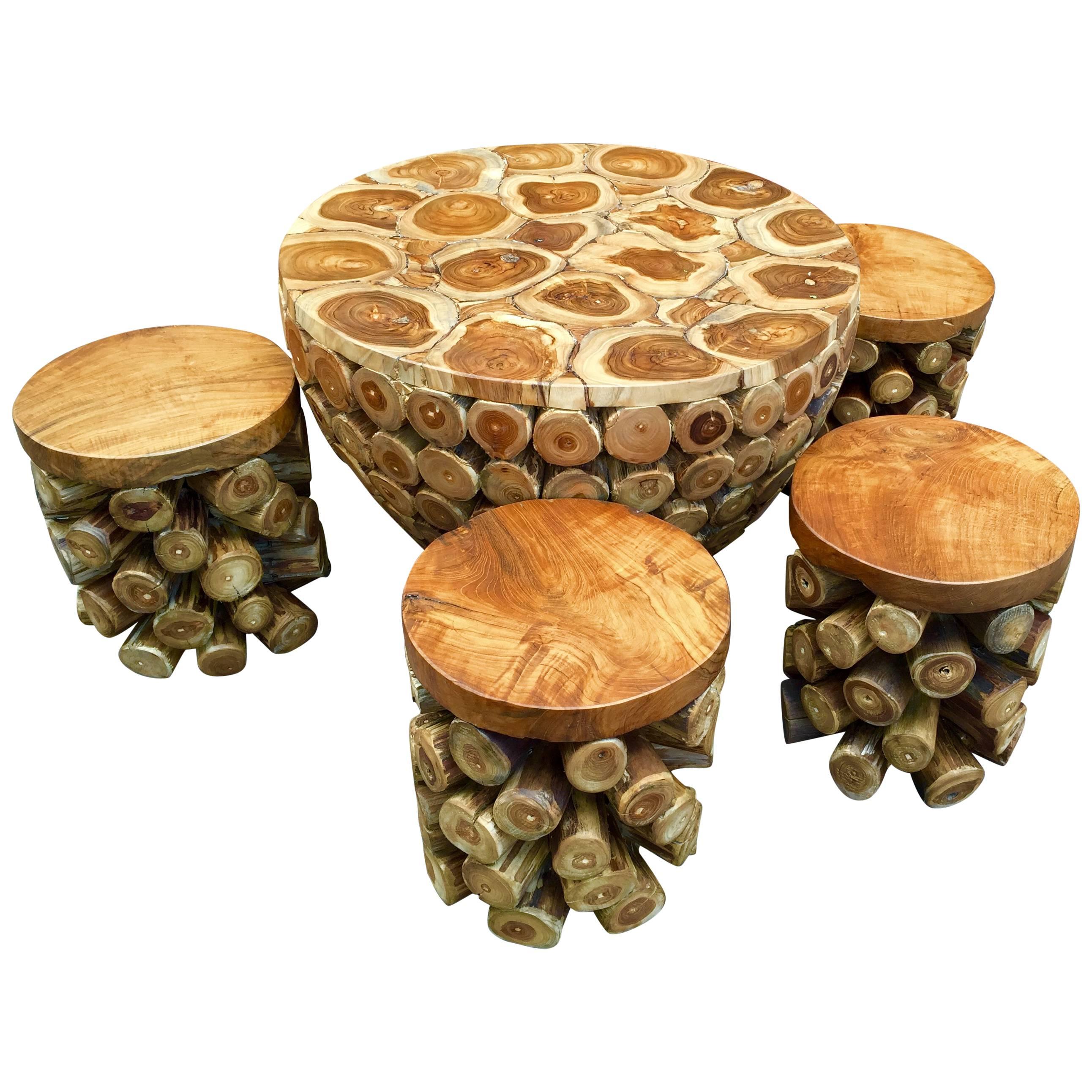 Unique Teak Root "Drum" Set of Table and Four Stools