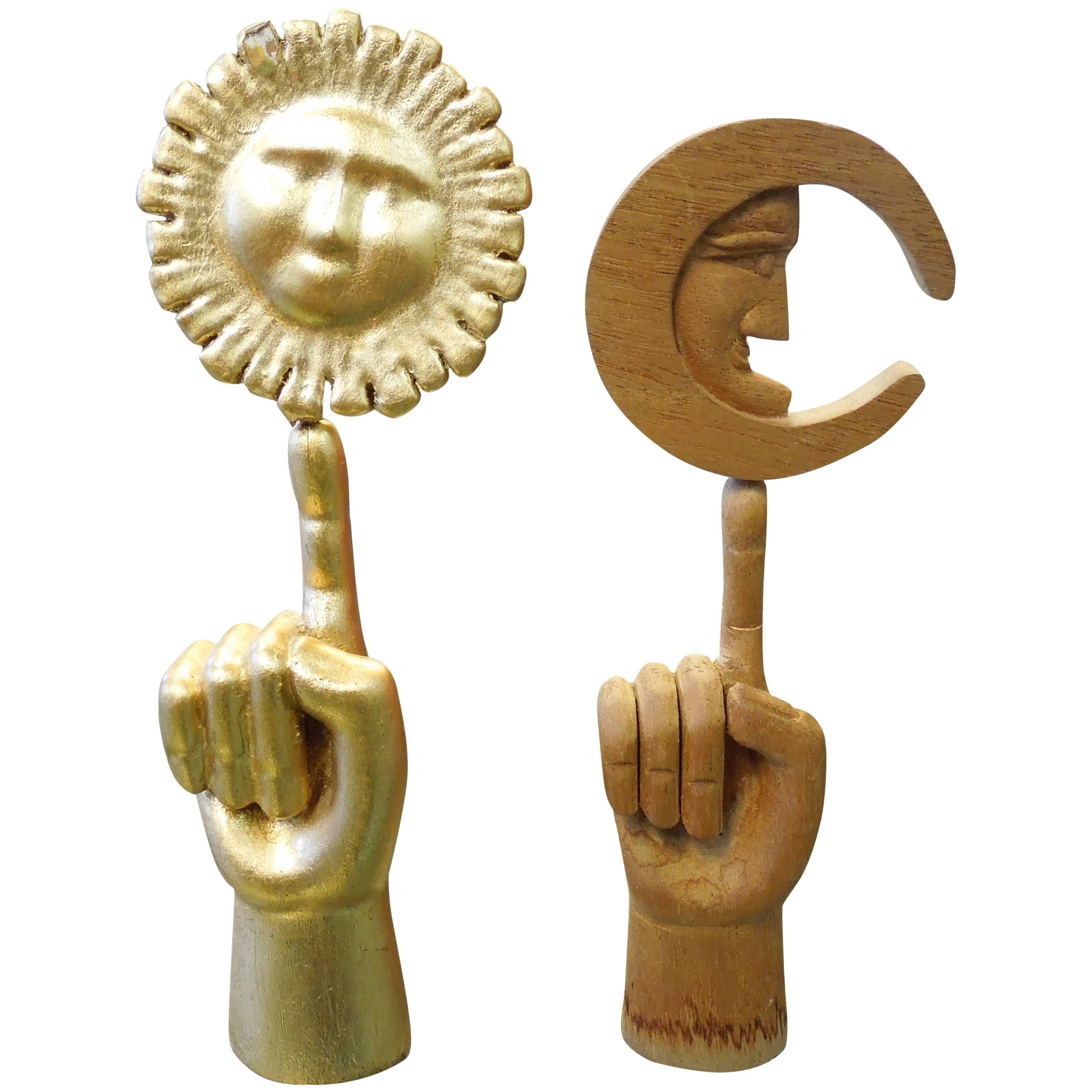 Vintage Pair of Pedro Friedeberg Mahogany, Gold Leaf Sun and Moon Sculptures