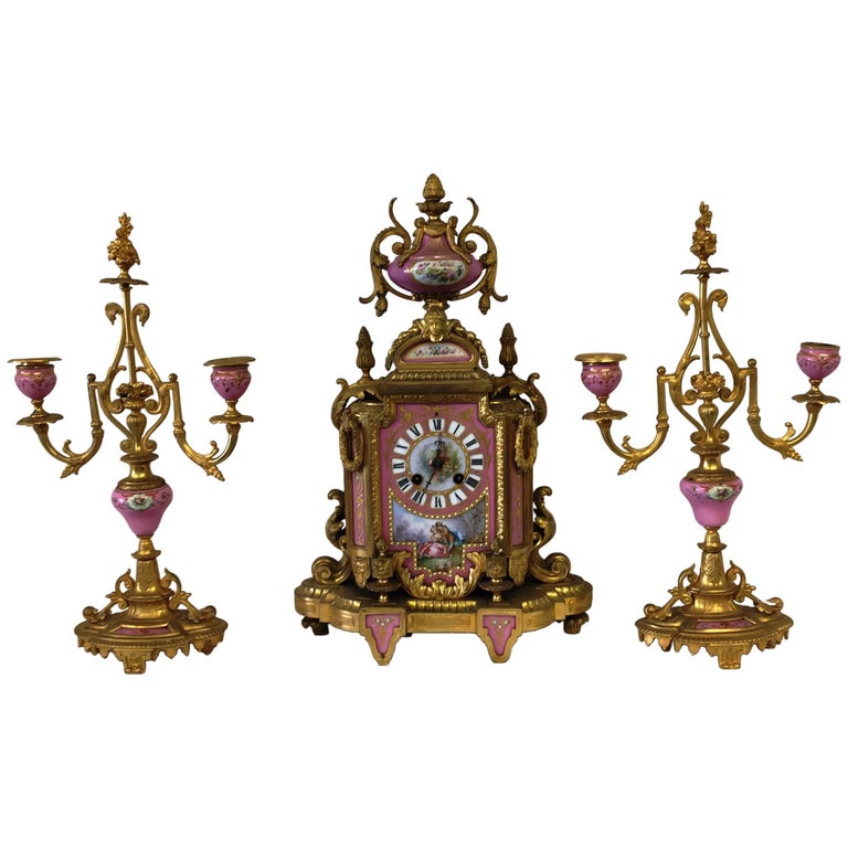 19th Century French Sevres Porcelain Clock Set For Sale at 1stDibs
