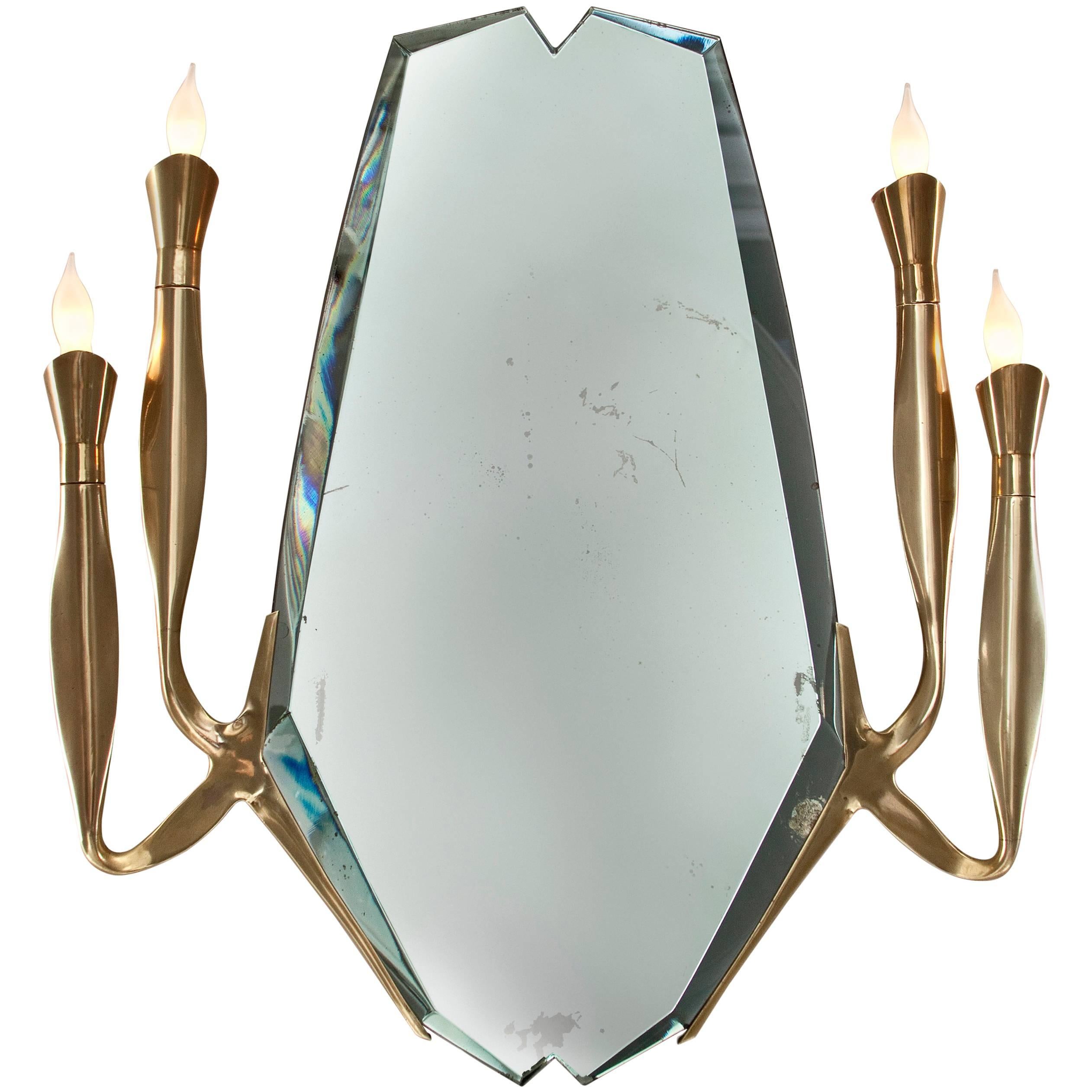 Max Ingrand for Fontana Arte, Rare Illuminated Brass Mounted Mirror / Sconce