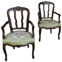 Pair of 19th Century Hand-Carved Oak Country French Needlepoint Armchairs
