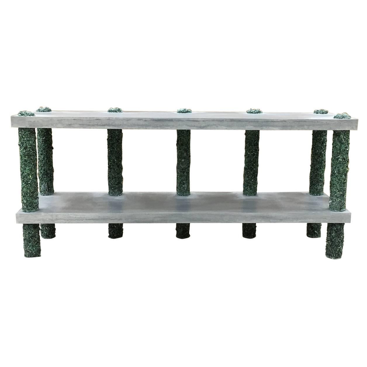 Hand Made Dark Green Aventurine and Poured Grey Cement Console, by Samuel Amoia For Sale