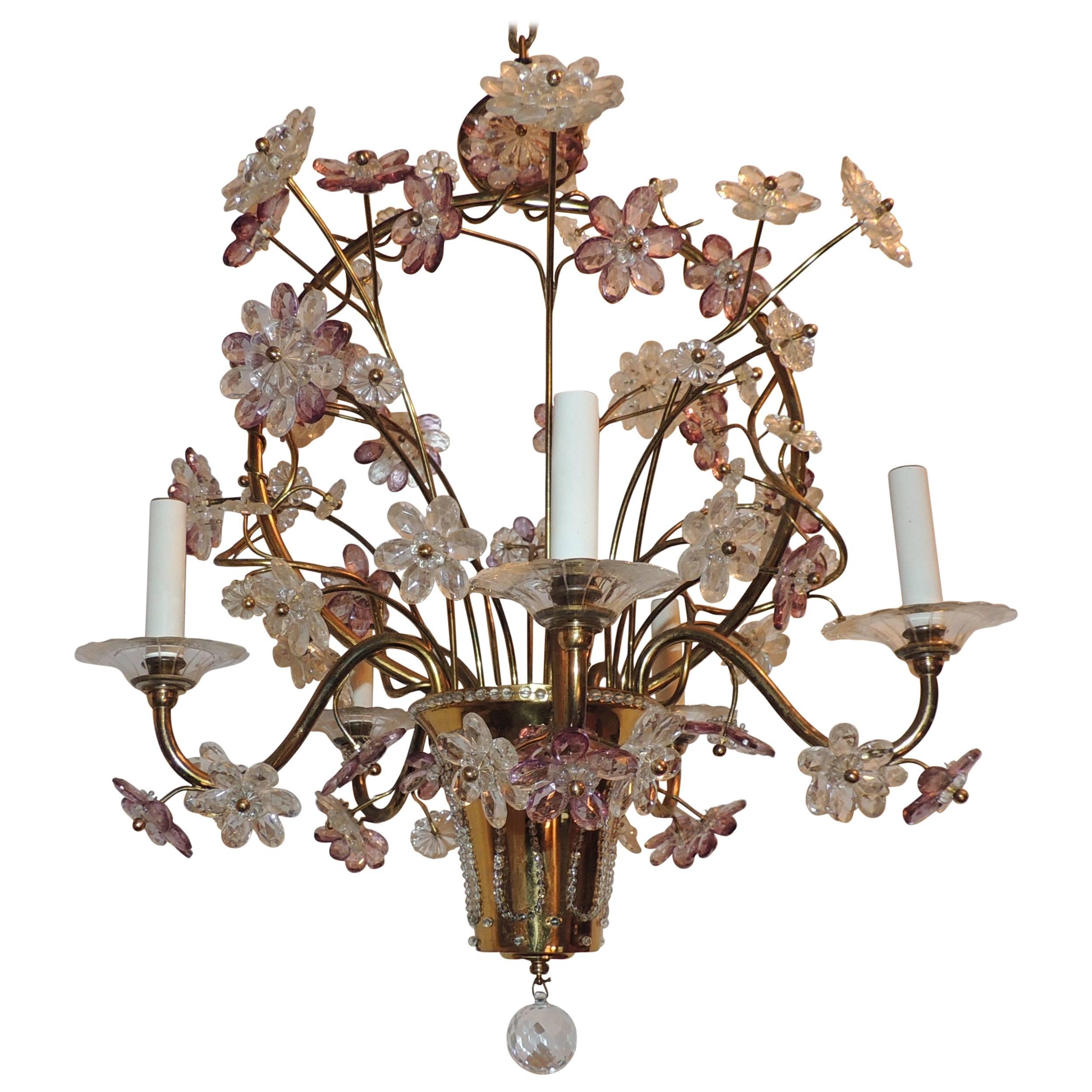Magnifique lustre en bronze doré avec panier de perles, améthyste et fleurs en cristal
