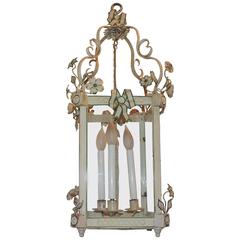 Wonderful Italian Three-Light Painted Lantern Fixture Green Ribbons Bows Flowers