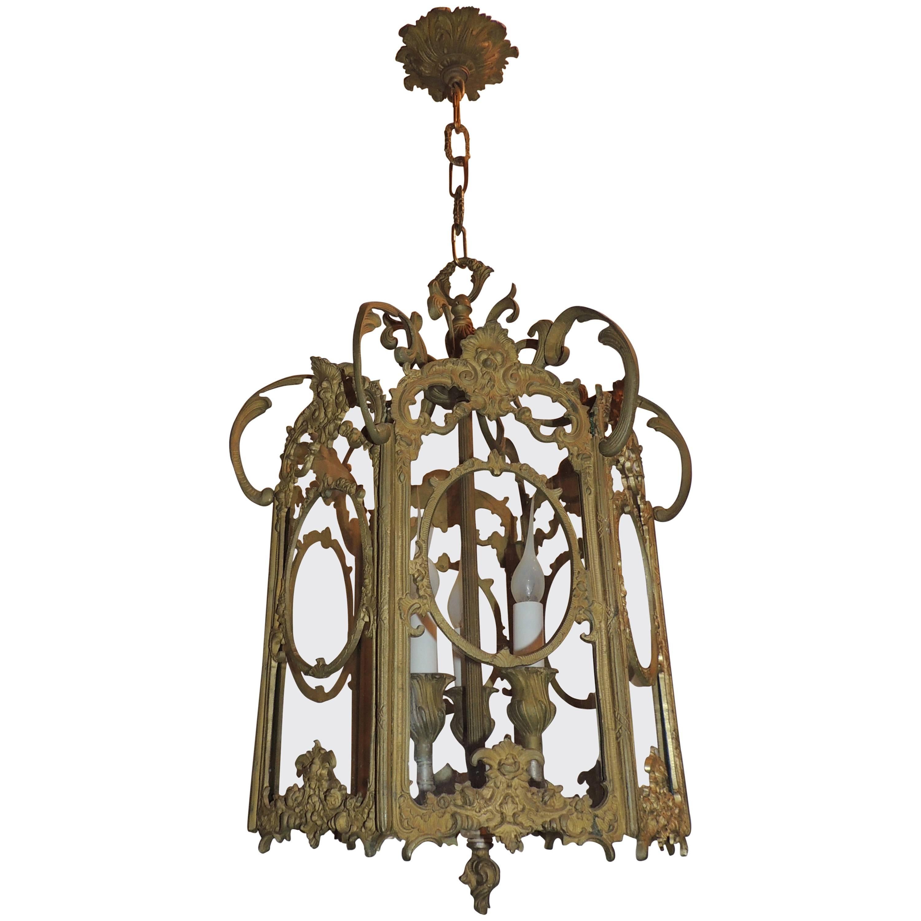 French Filigree Gilt Doré Bronze Hexagon Glass Lantern Three-Light Fixture