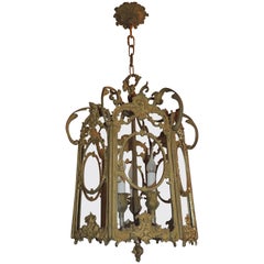 Vintage French Filigree Gilt Doré Bronze Hexagon Glass Lantern Three-Light Fixture