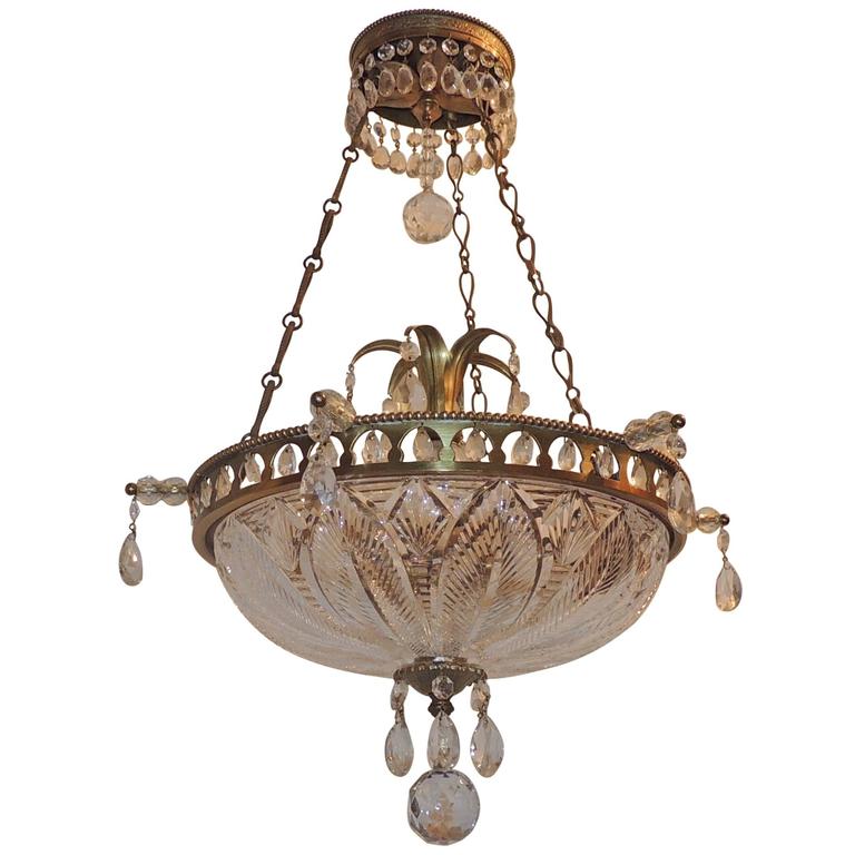Wonderful Neoclassical Etched CutCrystal Bowl Bronze Chandelier Ormolu