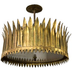 Gilt Metal Sunburst Crown Ceiling Fixture with Frosted Glass