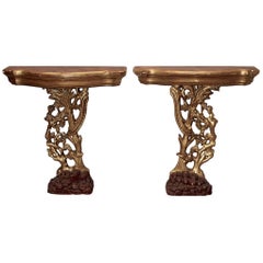 Pair 19th Century Italian Giltwood Hand Carved Grapevine Consoles, Circa 1890's