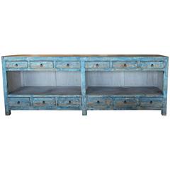 Vintage Sea Blue 12-Drawer Open Sideboard Table