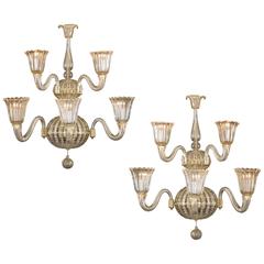 Barovier & Toso, Pair of Murano Gold-Flecked Glass and Brass Sconces