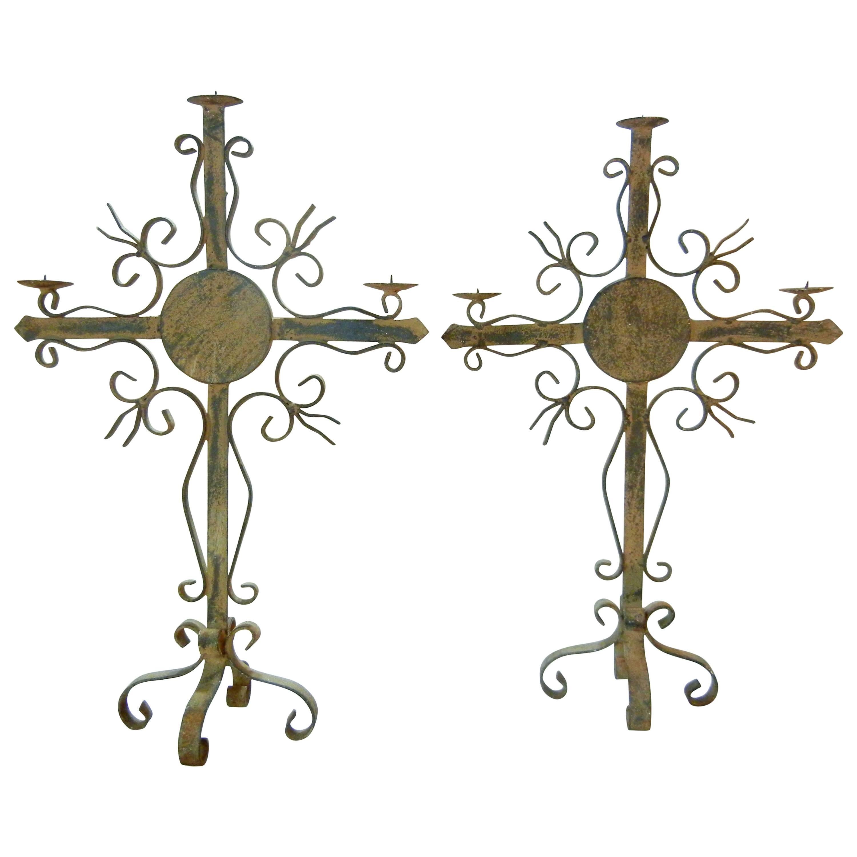 Pair of Gothic Revival Wrought Iron Candelabra, Weathered Patina, Quebec, 1880