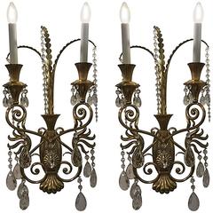 Pair of Monumental Italian Decorative Wall Lights with Cut Crystal Drops 10