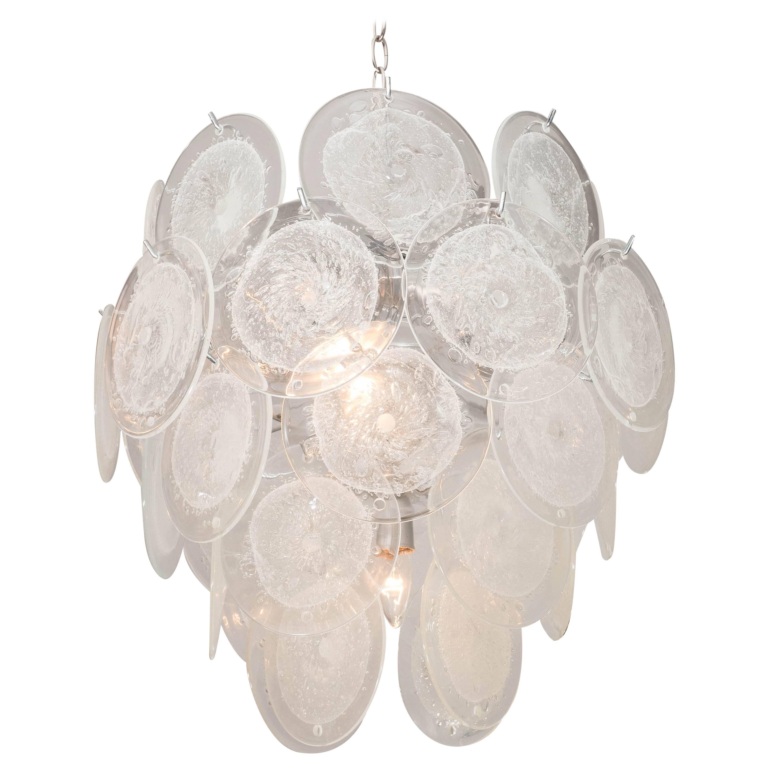 Clear Pulegoso Murano Glass Disc Chandelier