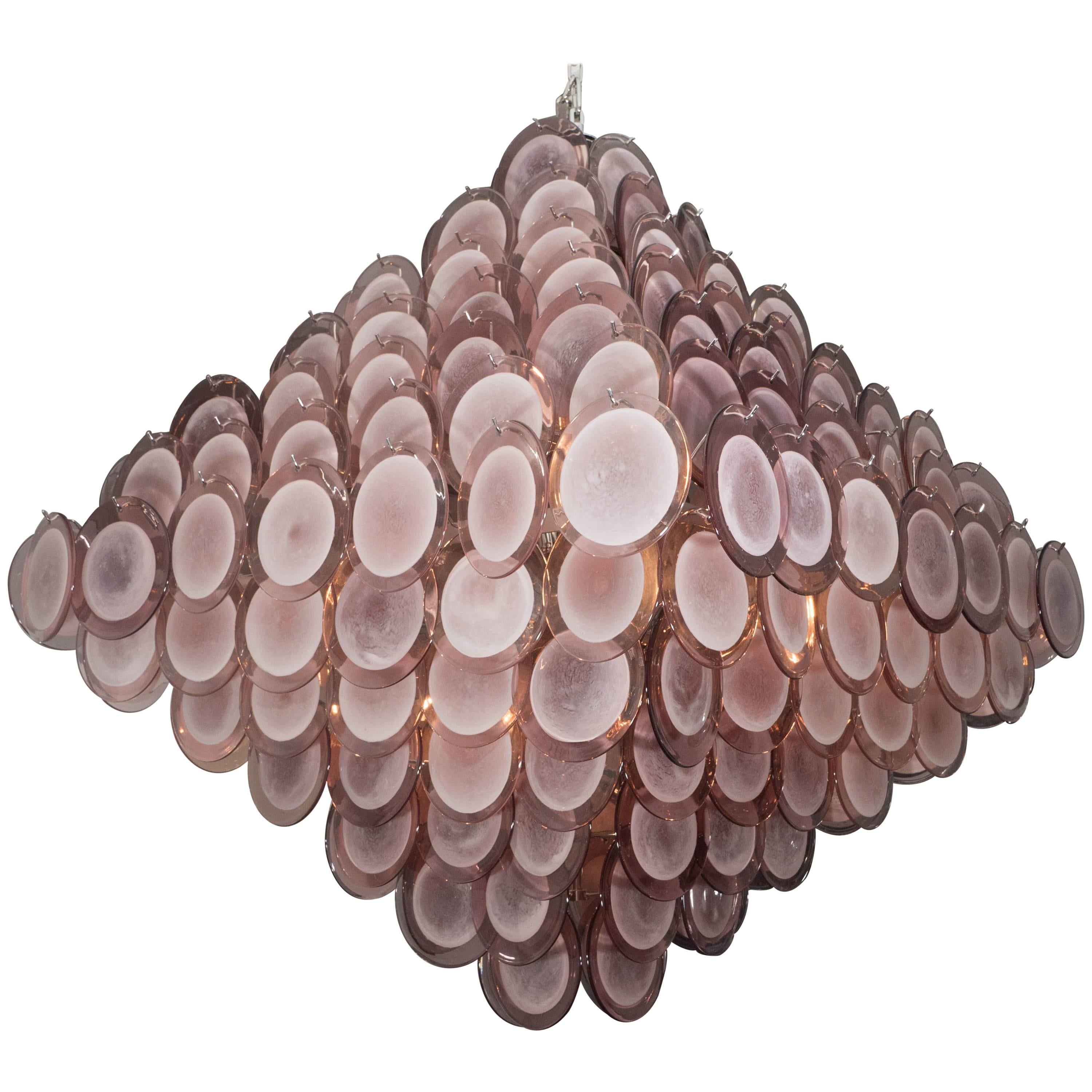 Huge Purple Murano Glass Disc Chandelier in Double Pyramid Shape For Sale