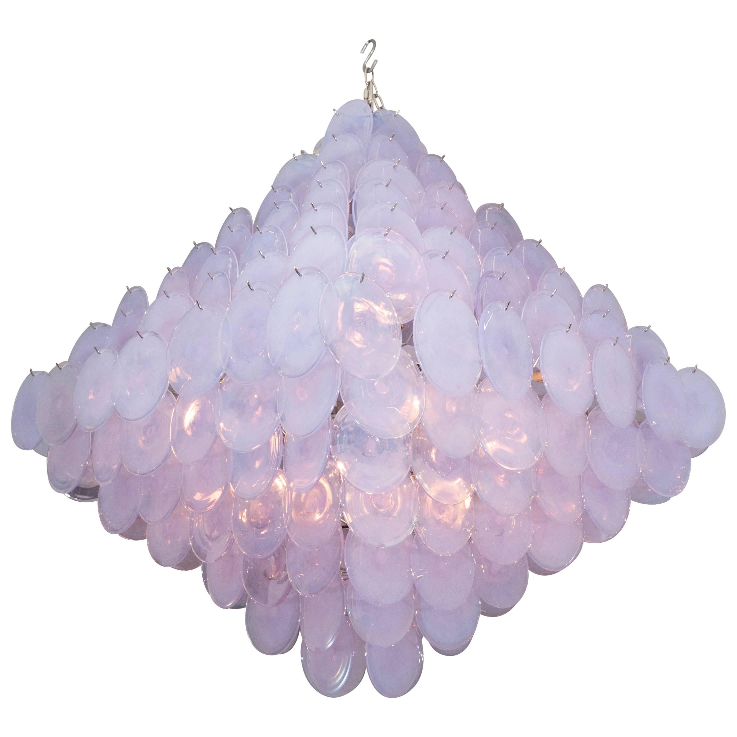 Huge Alex Iridescent Murano Glass Disc Chandelier in Double Pyramid Shape For Sale