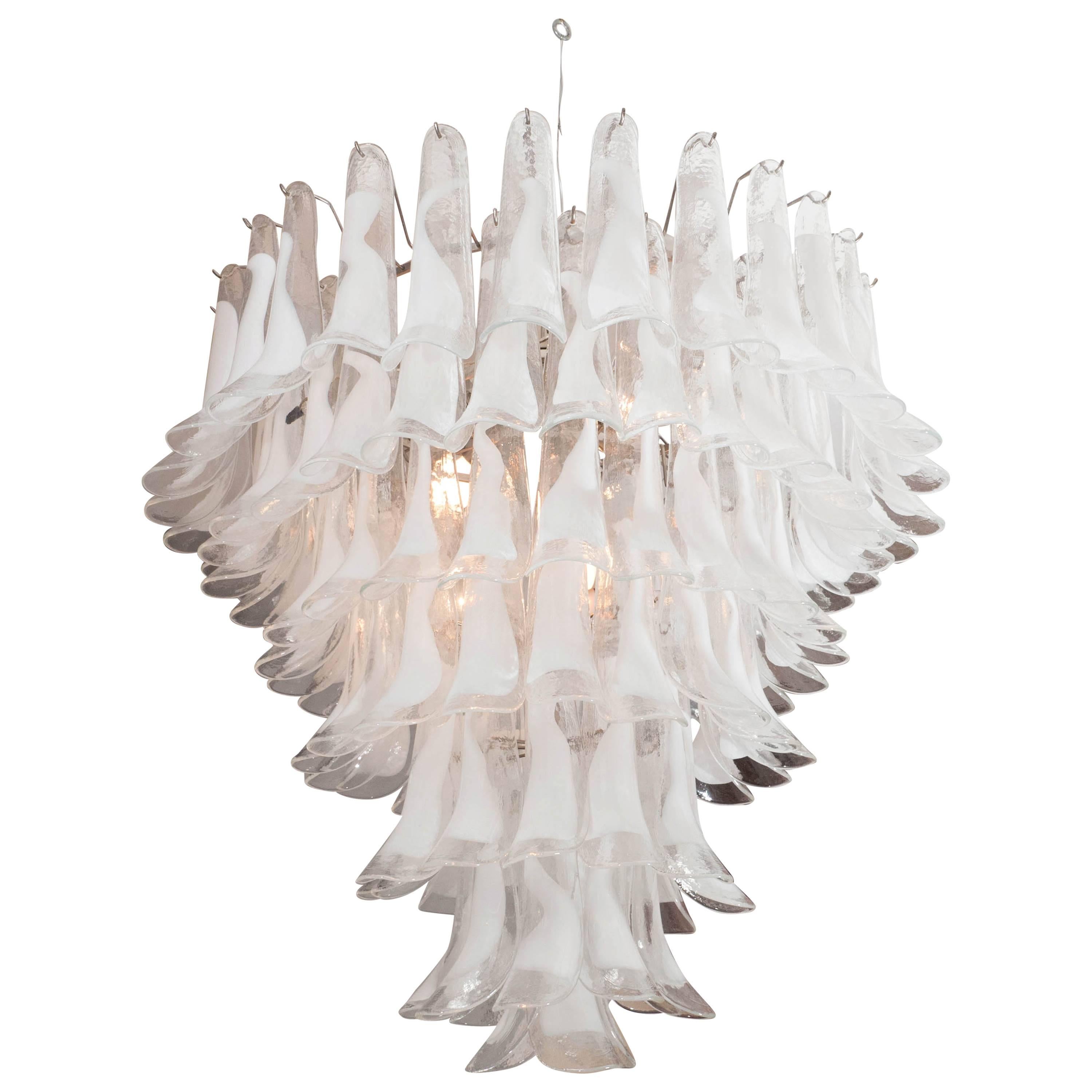 Custom Huge Mazzega White and Clear Glass Petal Chandelier For Sale