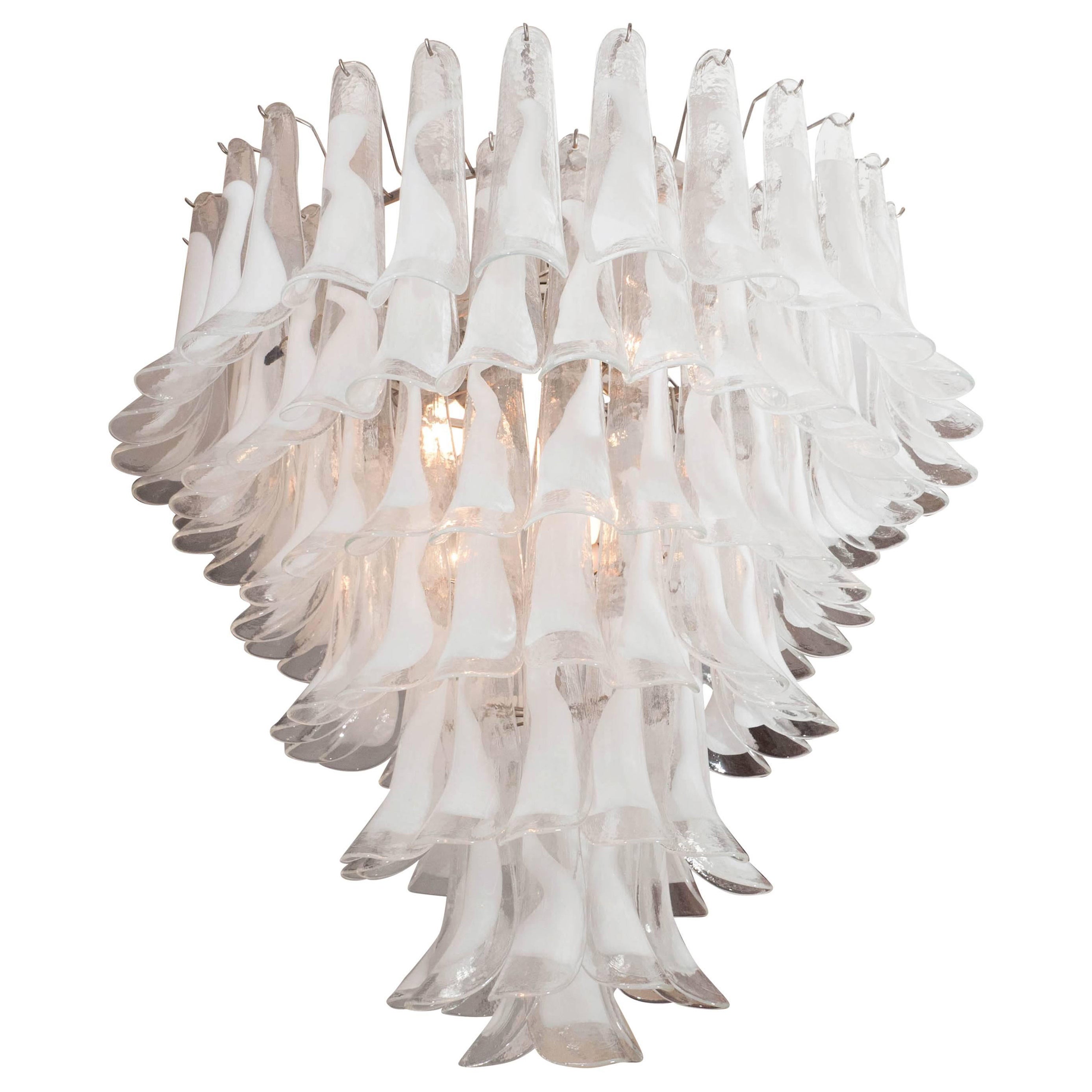 Lampadario personalizzato a petali in vetro bianco e trasparente Mazzega in vendita