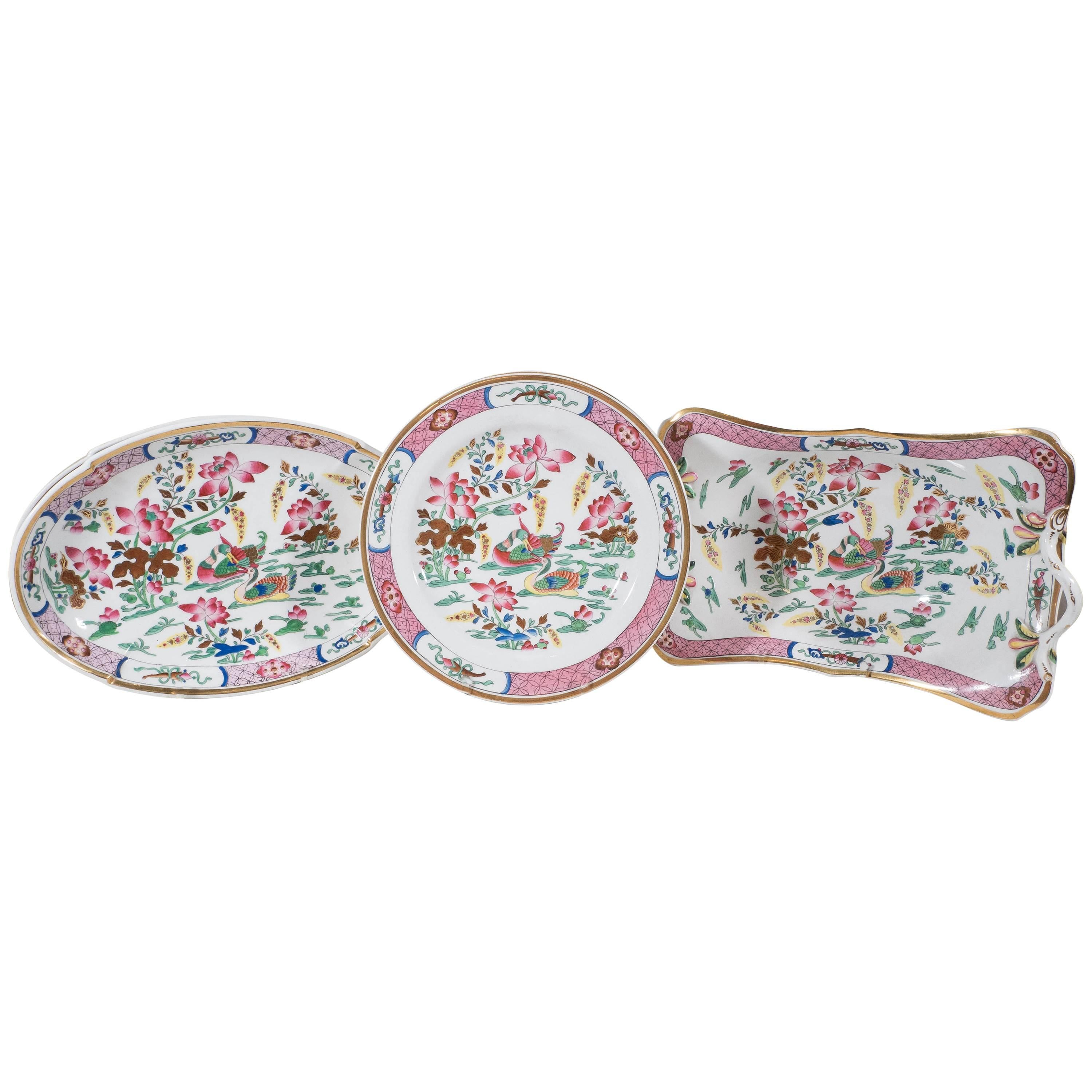 16 Pink Antique Porcelain Dishes in the Mandarin Ducks Pattern Made circa 1820