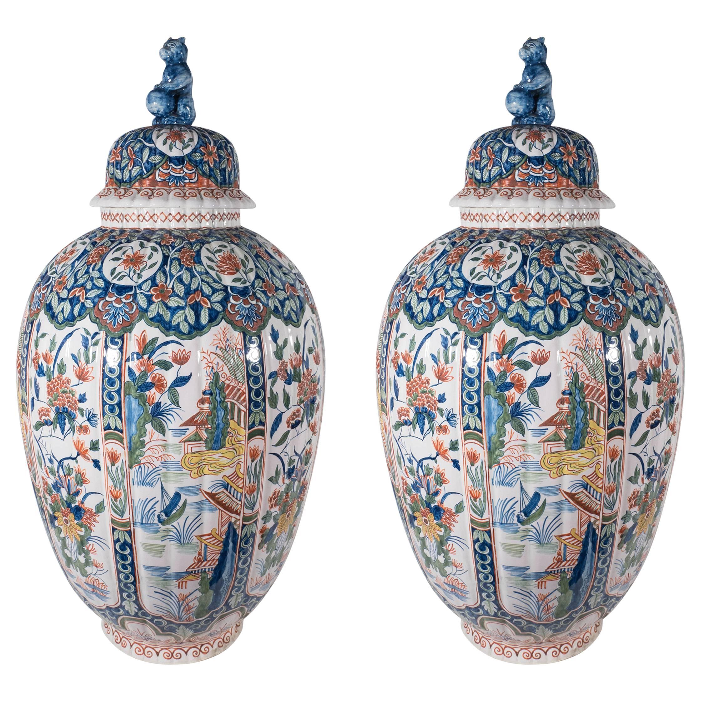 Pair Massive Delft Polychrome Vases