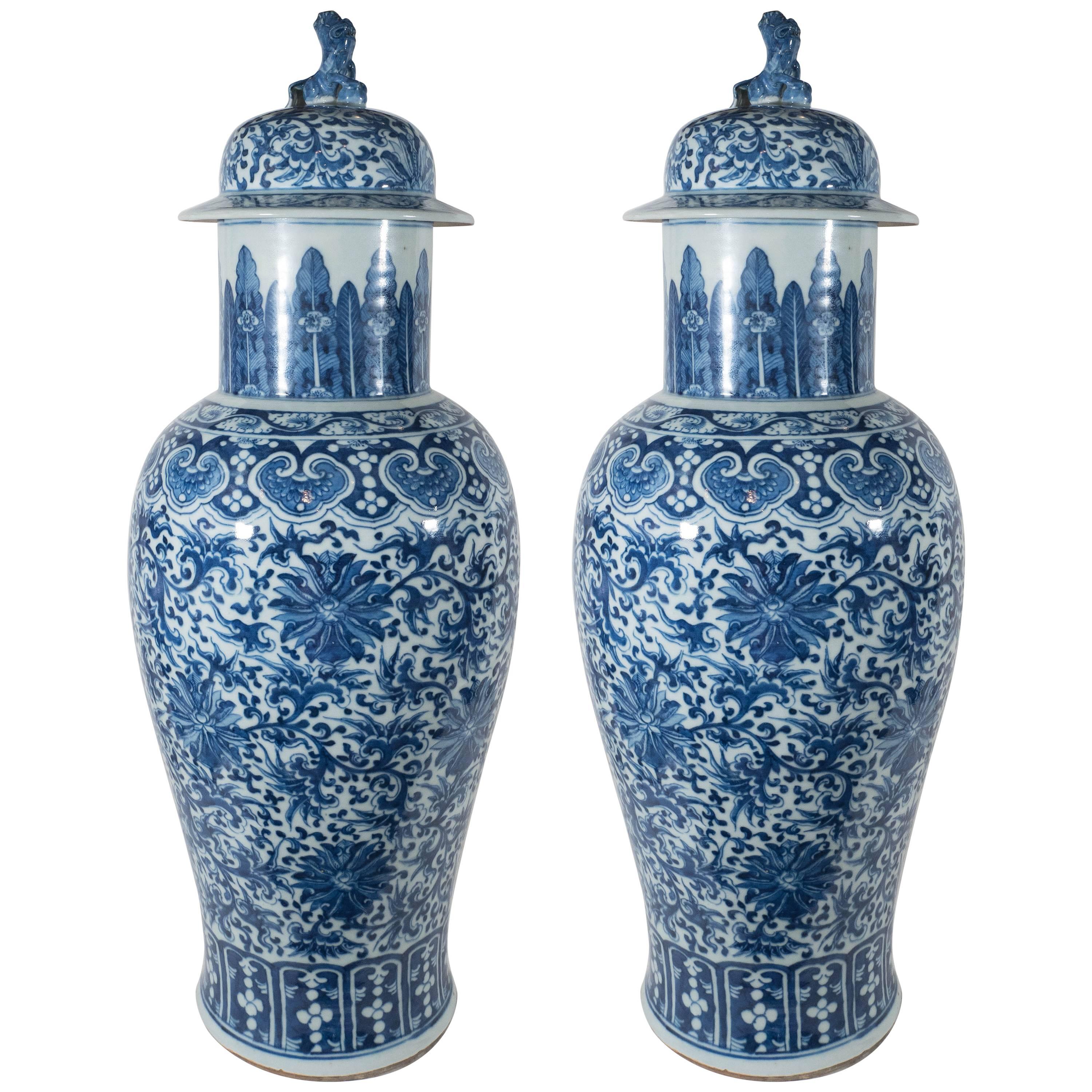 Pair Antique Chinese Porcelain Blue and White Temple Vases