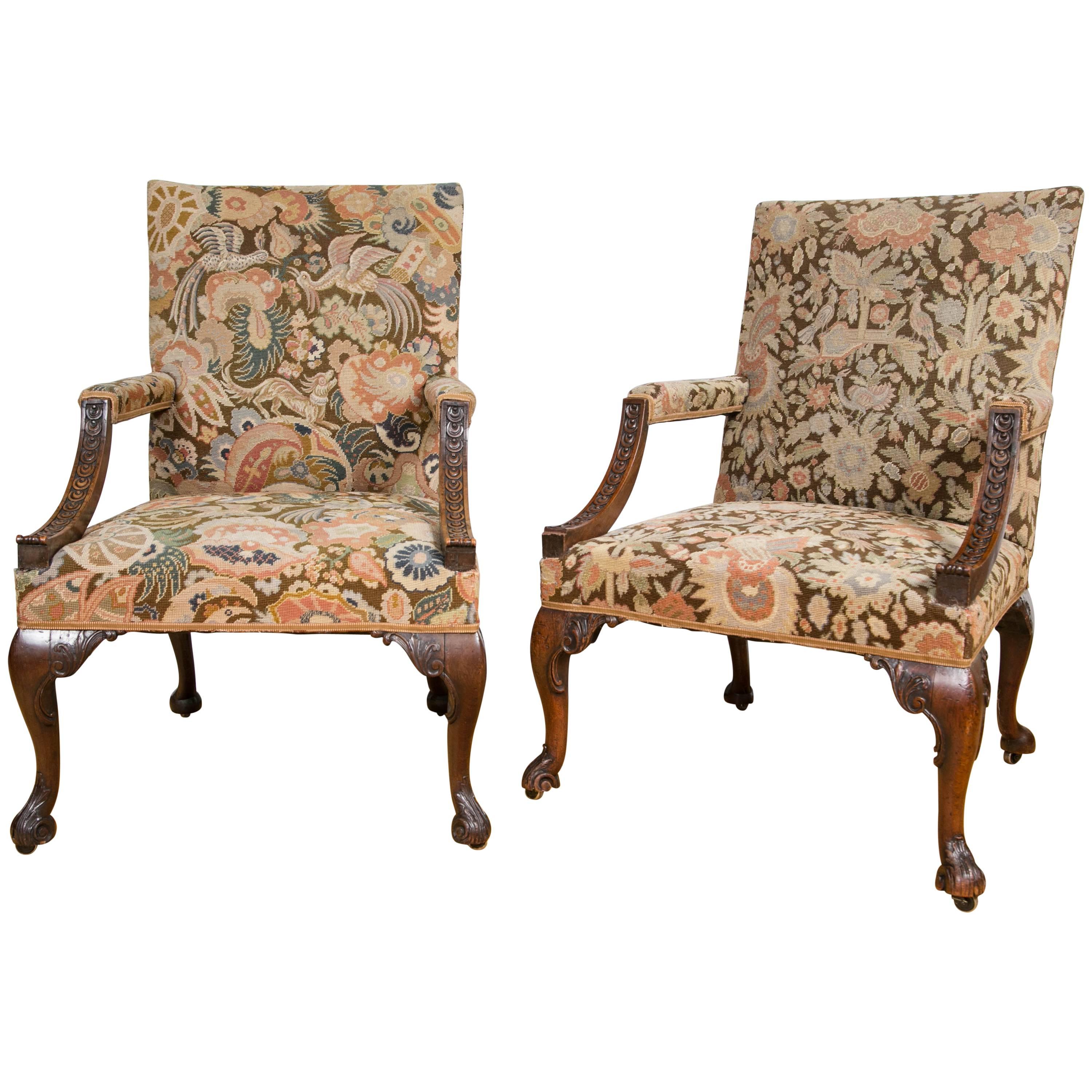 Handsome Pair of George III Mahogany Carved Library Armchairs
