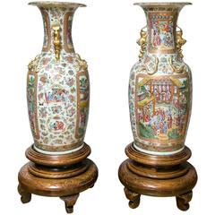 Pair of Large 19th Century Chinese Cantonese Floor Vases on Carved Wood Stands