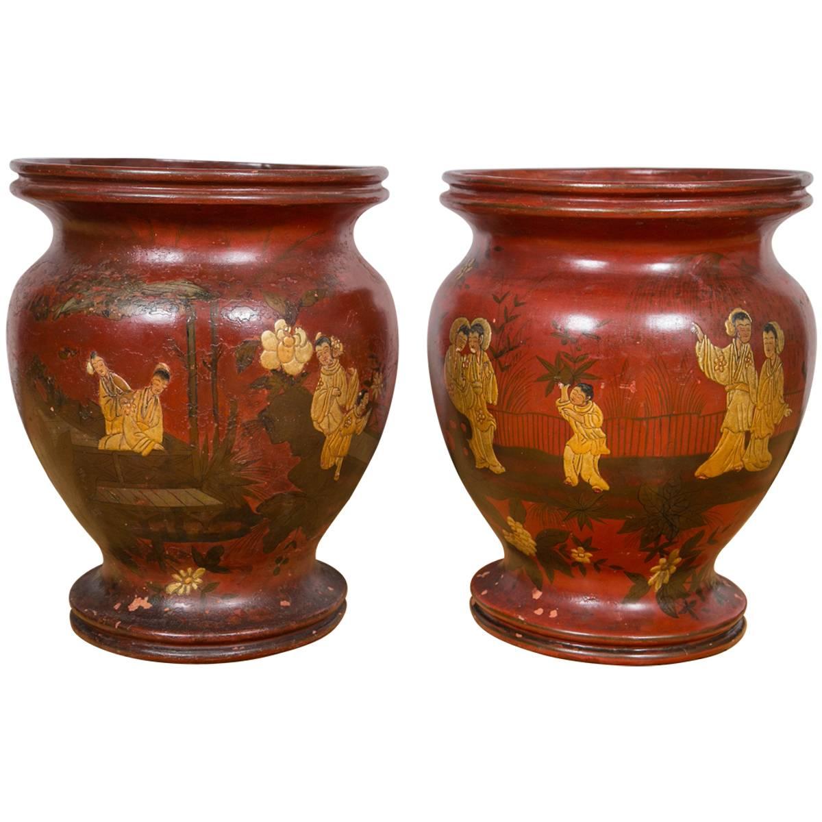 Pair of 19th Century Red Lacquer Chinoiserie Jardinieres
