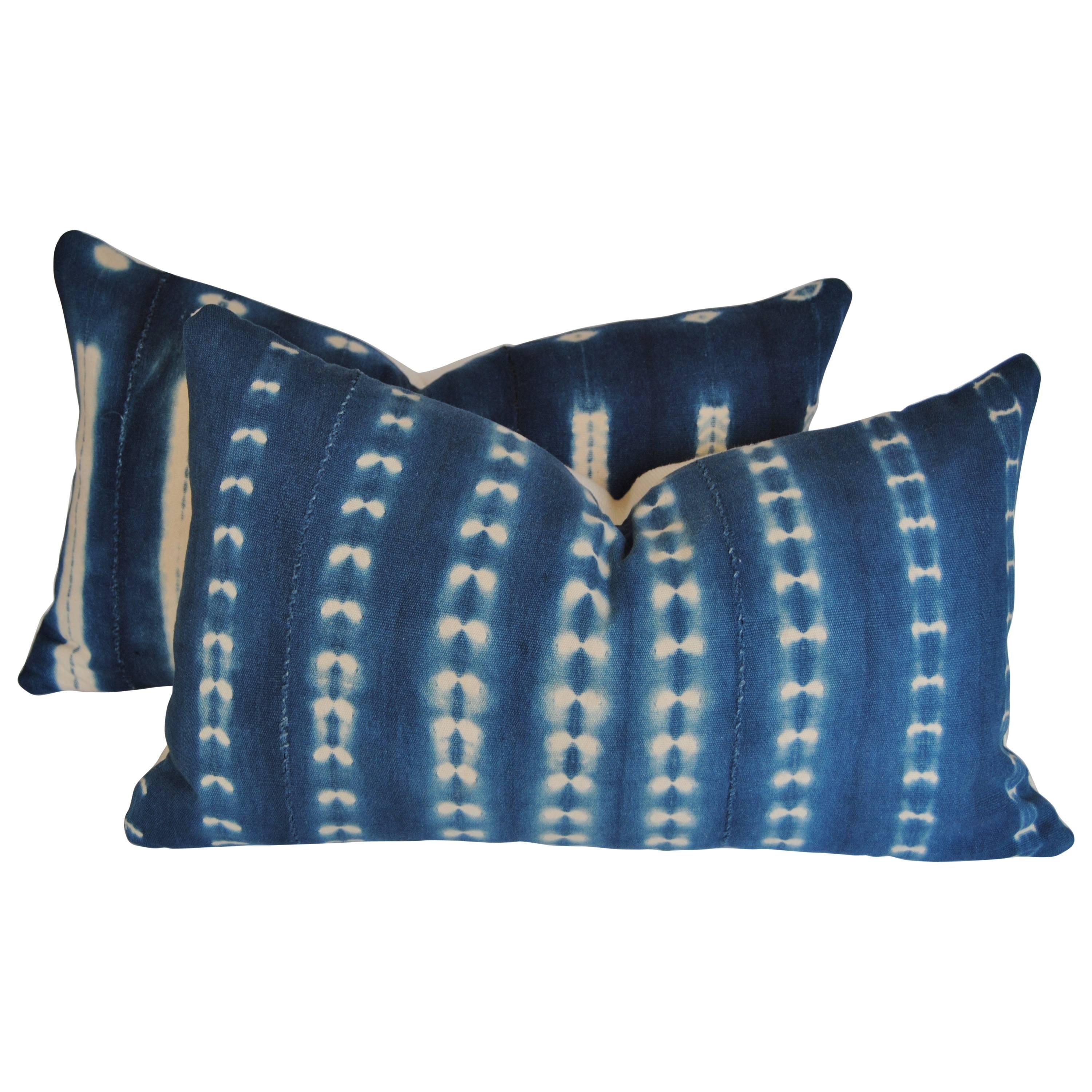 Pair of Pillows Cut from Vintage African Hand-Loomed Indigo Cotton, Mali For Sale