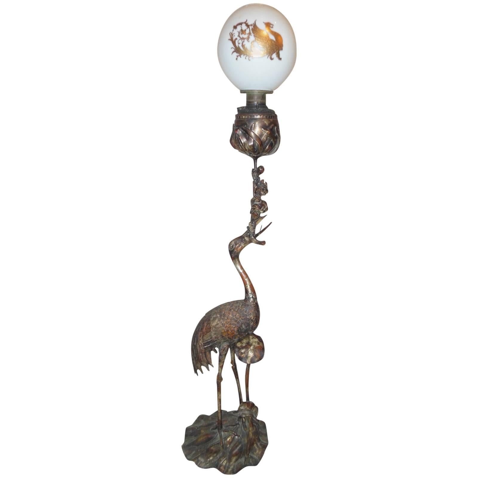 19th Century Figural Egret Oil Lamp For Sale