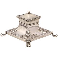 Antique Edwardian Sterling Silver Footed Inkwell with Hinged Lid