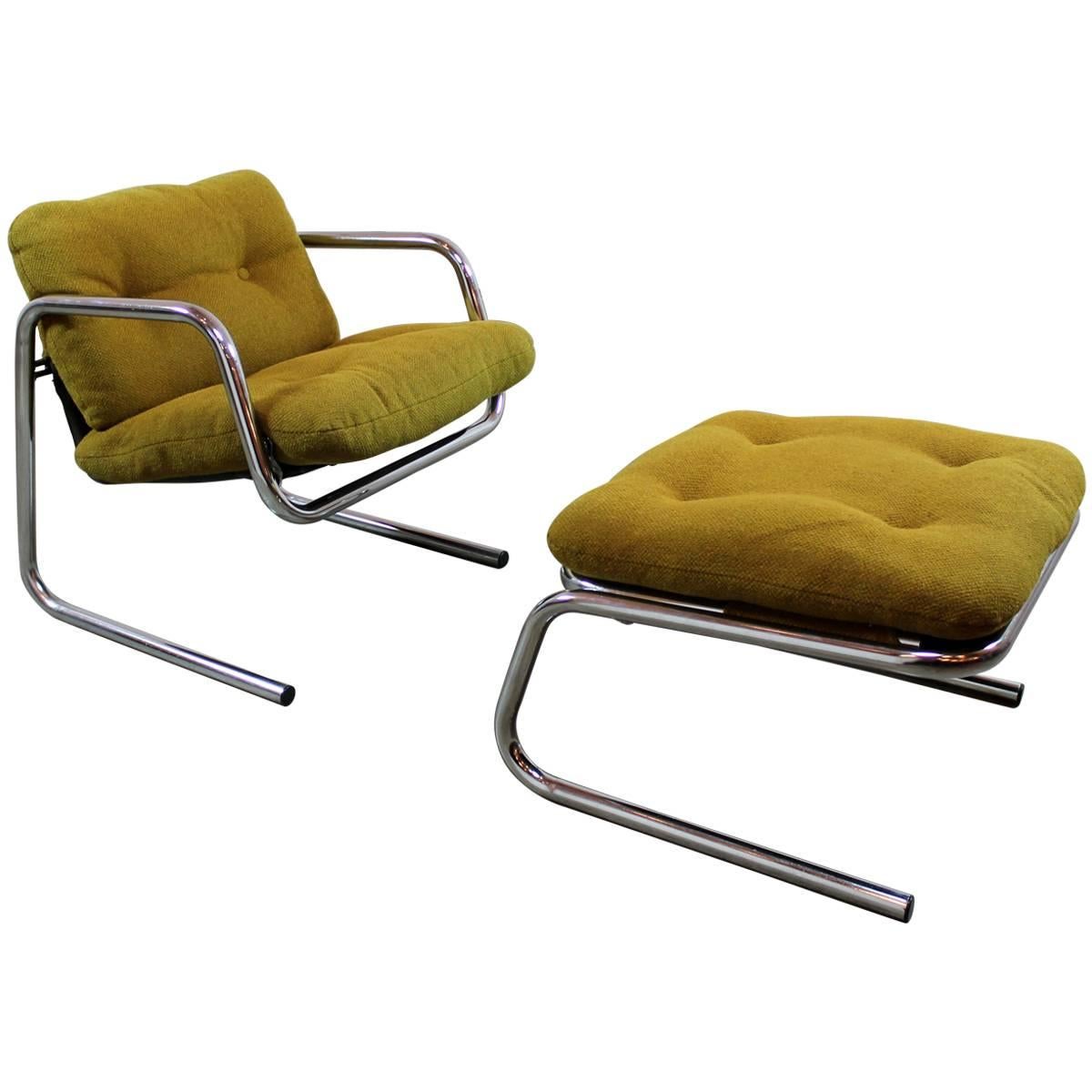 Postmodern Chrome Tube Baughman Style Sling Lounge Chair and Ottoman