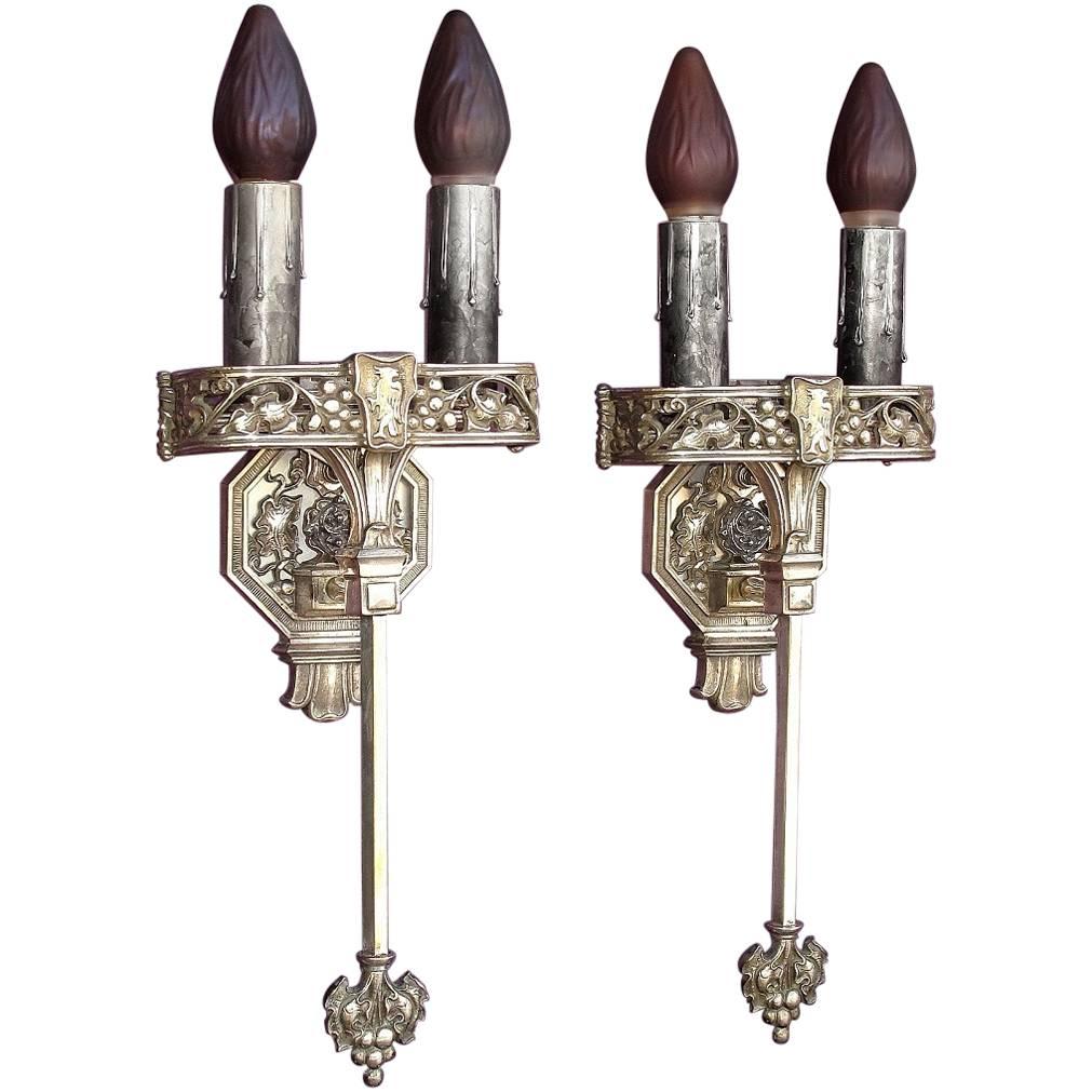 Large Tudor / Gothic Two Bulb Sconces, 1920s For Sale