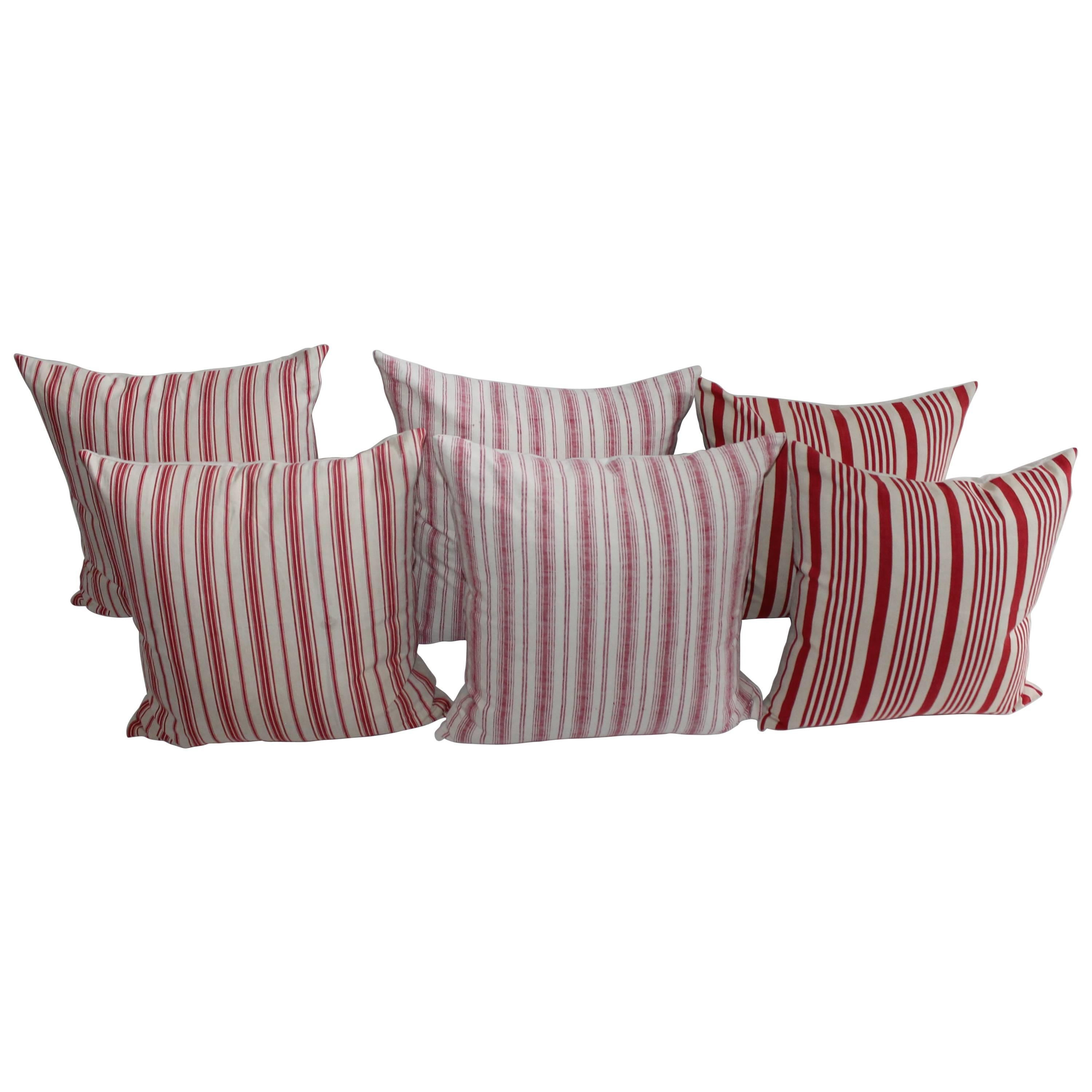 19th Century Red Ticking Pillows, Pair