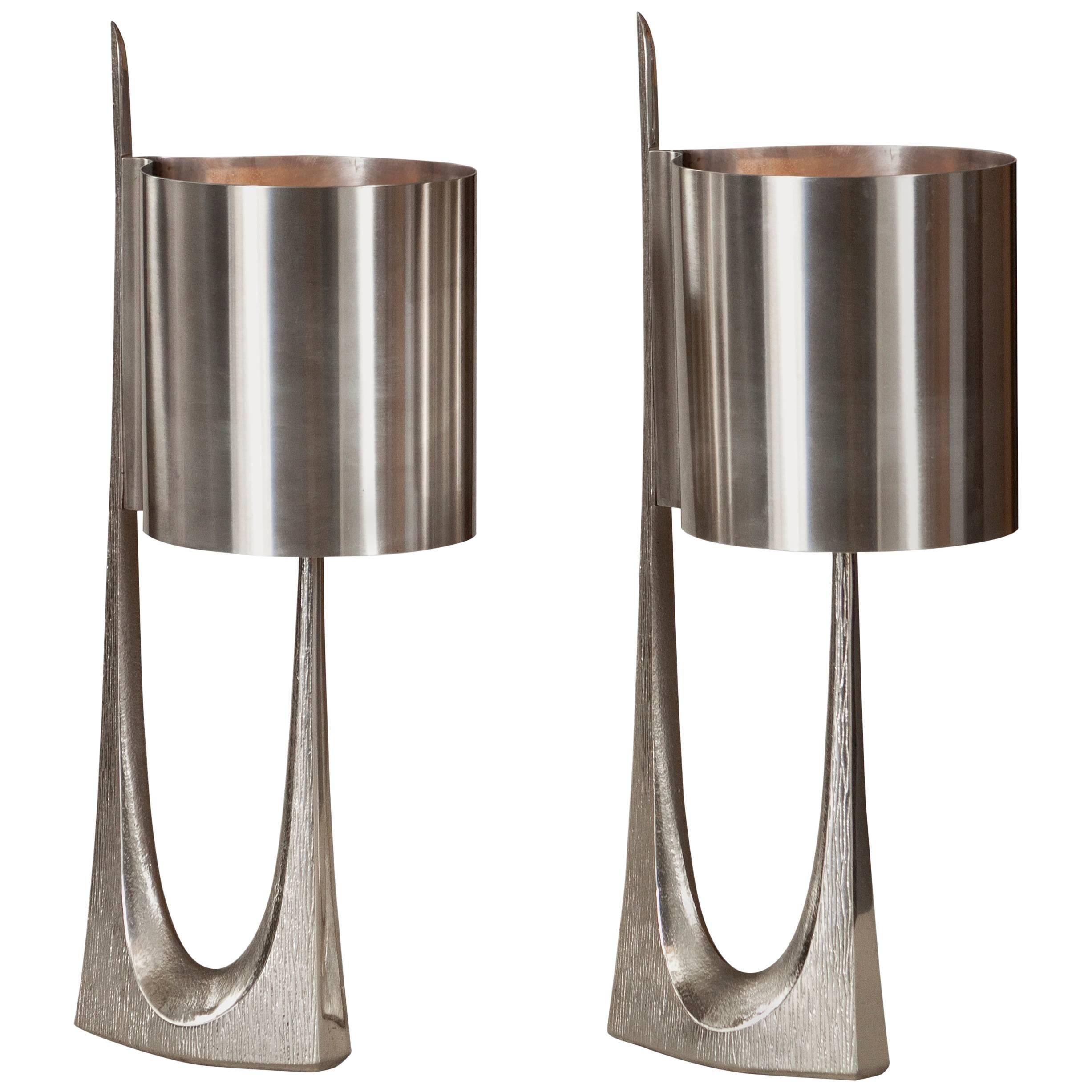 Maison Charles, Sculptural Pair of Silvered Bronze "Rush" Lamps