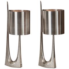 Maison Charles, Sculptural Pair of Silvered Bronze "Rush" Lamps