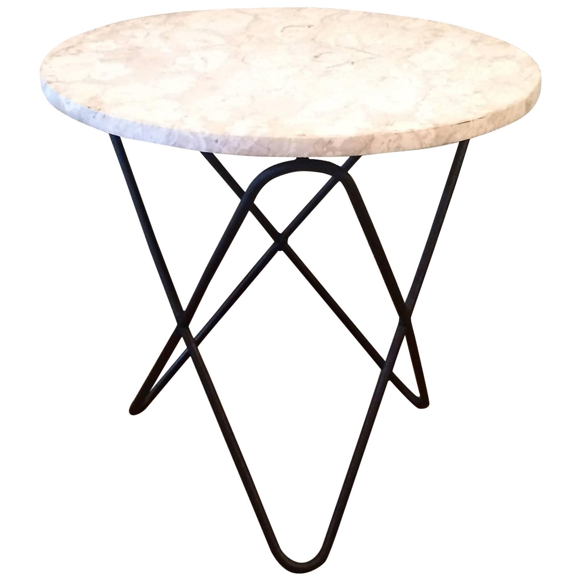 Travertine and Wrought Iron Butterfly Base Side Table