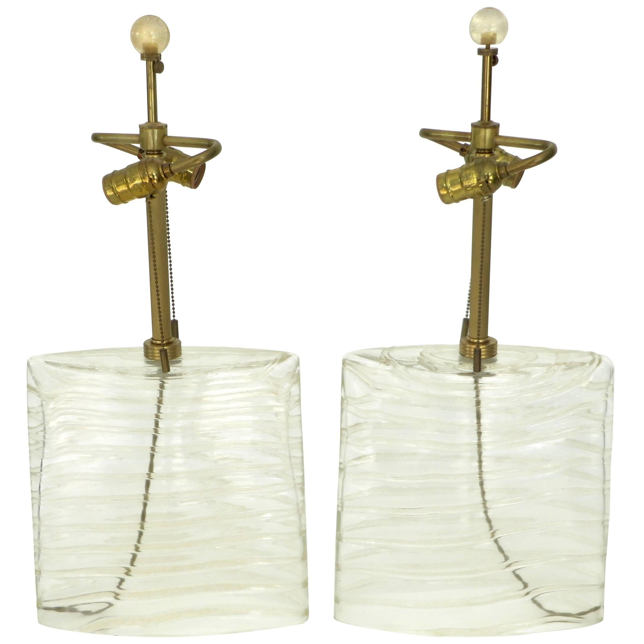 Italian Pair of Donghia Murano Venetian Handblown Increspato Glass Table Lamps 