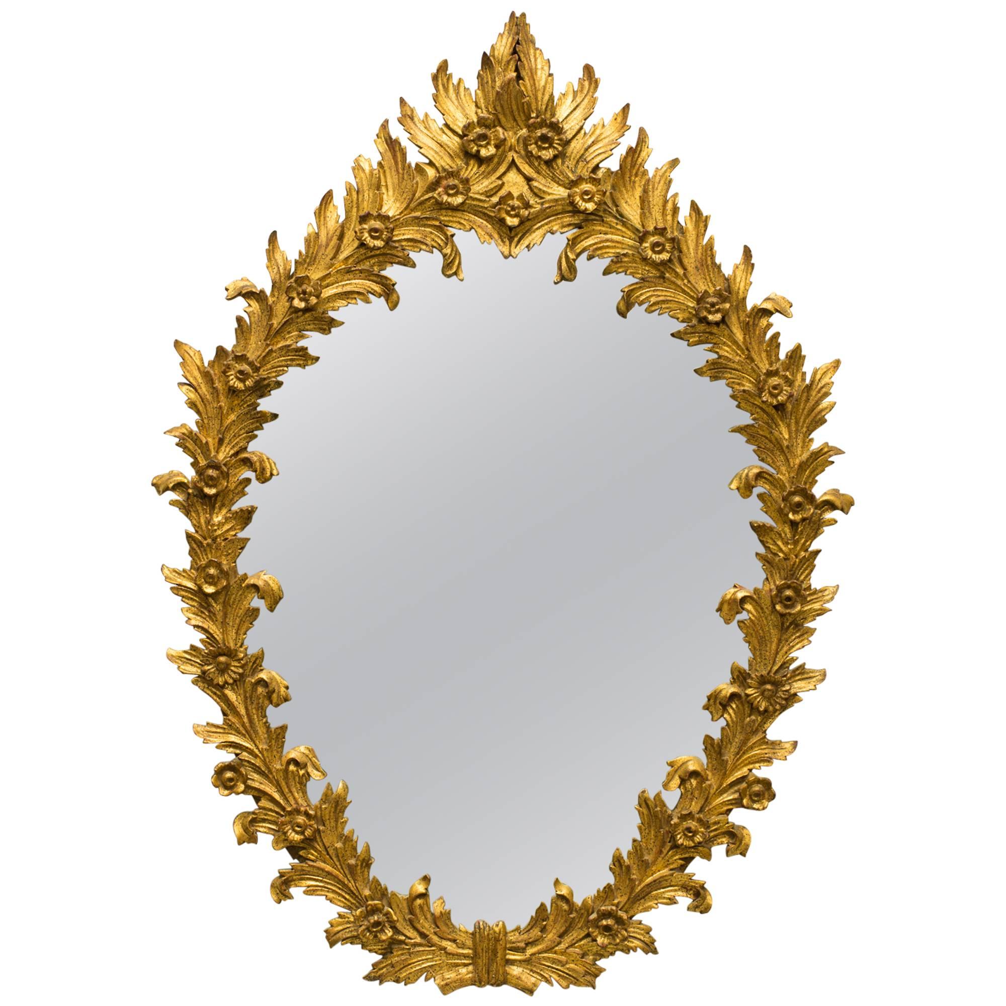 1960s Italian Carved Wood Floral Gilt Mirror
